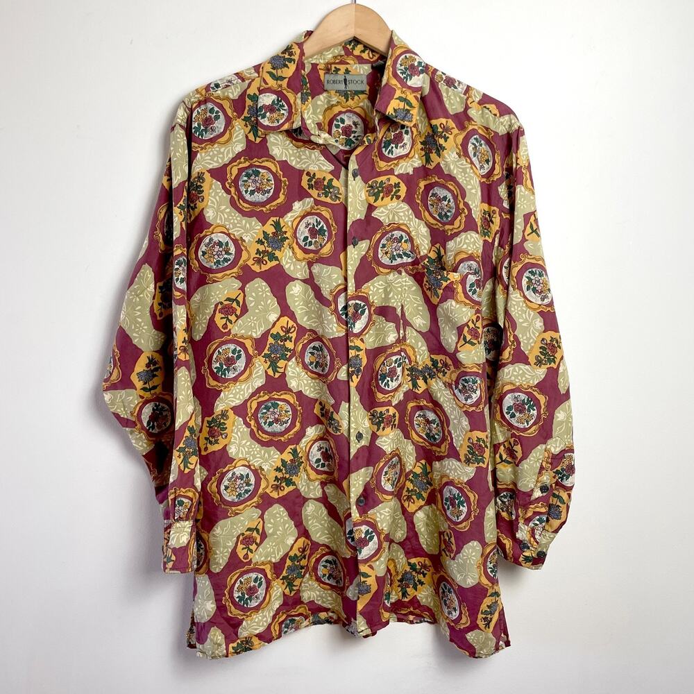 Vintage 80s 90s Robert Stock Silk Button Up Shirt Unisex Medium Artsy Maximalist
